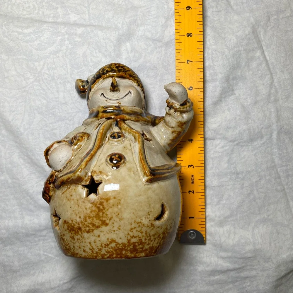 Ceramic Snowman Tealight Candle Holder Christmas Star Moon Cutouts 7 Inch